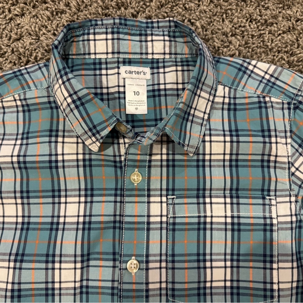 Carters boys button down shirt in green, blue, orange and white, size 10. - Picture 2 of 4